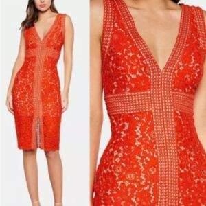 Bardot Morgan Sheath Red Lace Midi Dress with V-Neck
